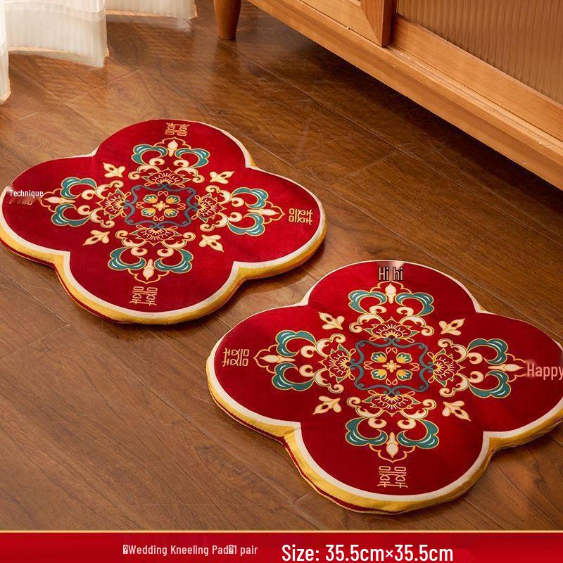Red Wedding Kneeling Cushions for Tea Ceremony and Bride's Address Change - Complete Cotton Set.