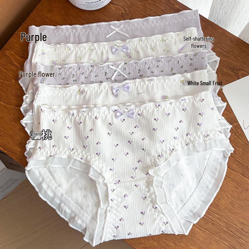 Japanese Floral Print Women's Mid-Waist Purple Cotton Triangle Underwear