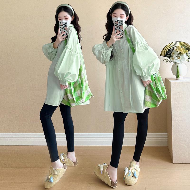 Versatile Spring 2026 Mid-Length Loose Maternity Shirt Dress - Trendy Korean Style for Moms 2XL