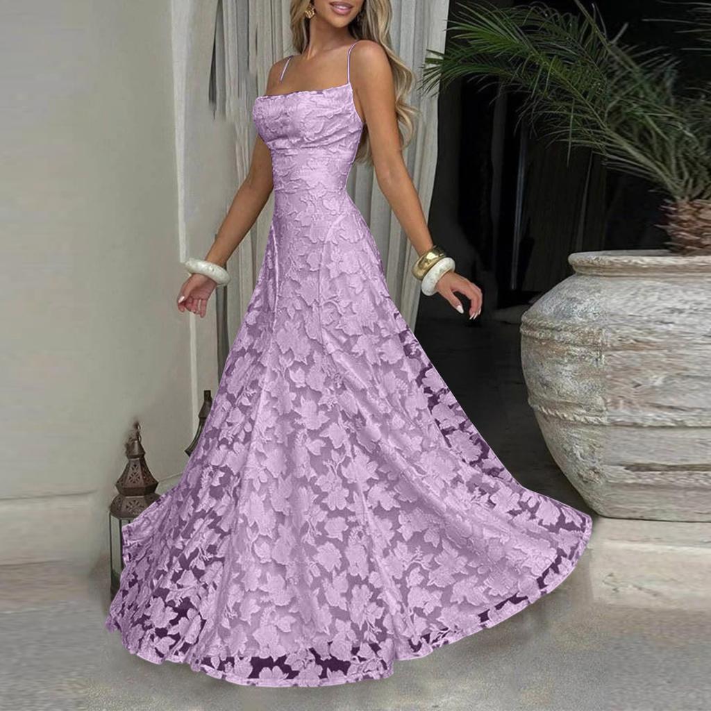 Women’s Casual Lace Patchwork Maxi Dress Sleeveless Spaghetti Strap Long Dress Elegant Evening Party Gown for Summer