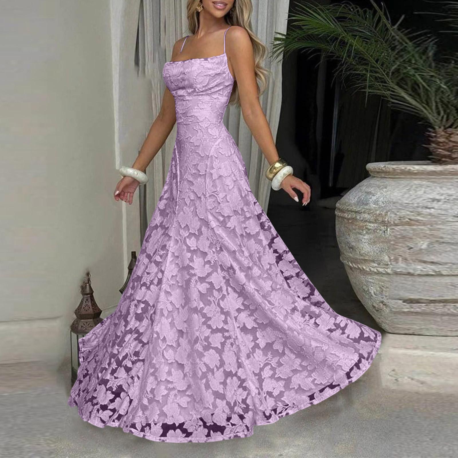 Damen Lässiges Spitzen-Patchwork-Maxikleid Ärmellos Spaghettiträger Langes Kleid Elegantes Abendparty-Kleid für den Sommer XL violett