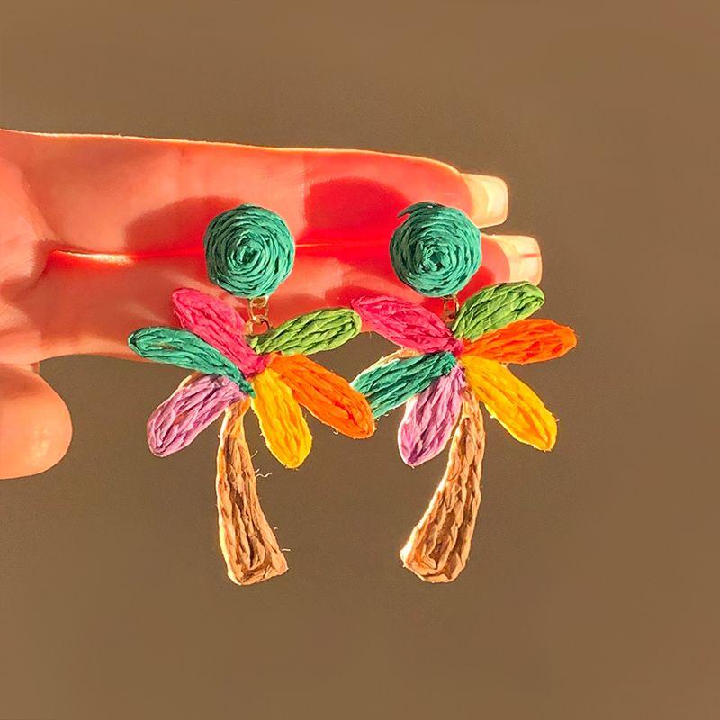 

Dopamine Color Coconut Stud Earrings for Women Niche Design Seaside Beach Vacation Style Handmade Straw Woven Eardrops Earrings Dopamine coconut tree