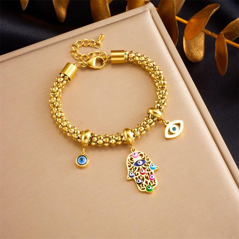 

Gold Plated Stainless Steel Hamsa Hand Evil Eye Charm Bracelet for Women золотий