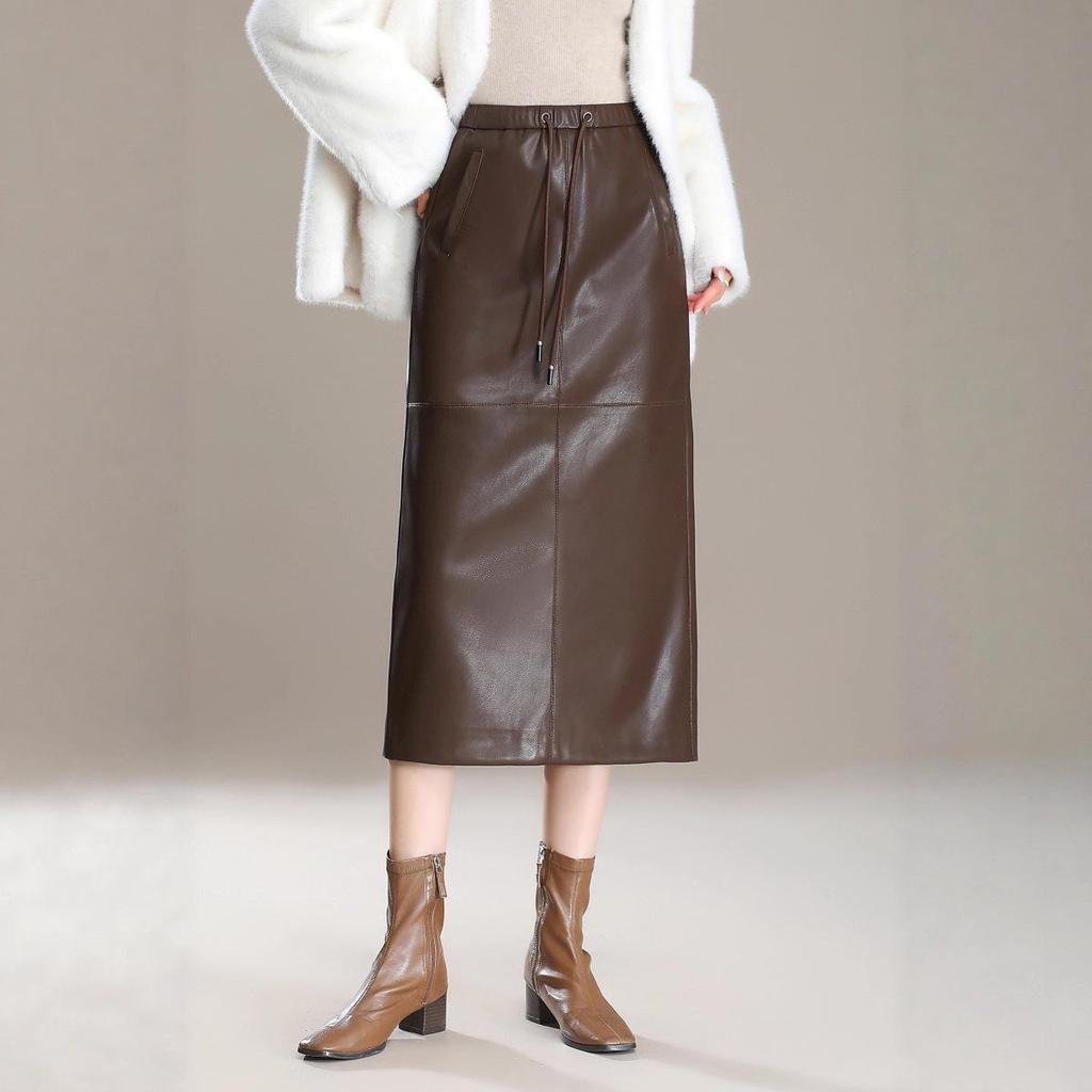 Elegant Slimming Mid-Length Lambskin Skirt with Slit for Women - Fashionable High-End Casual Style