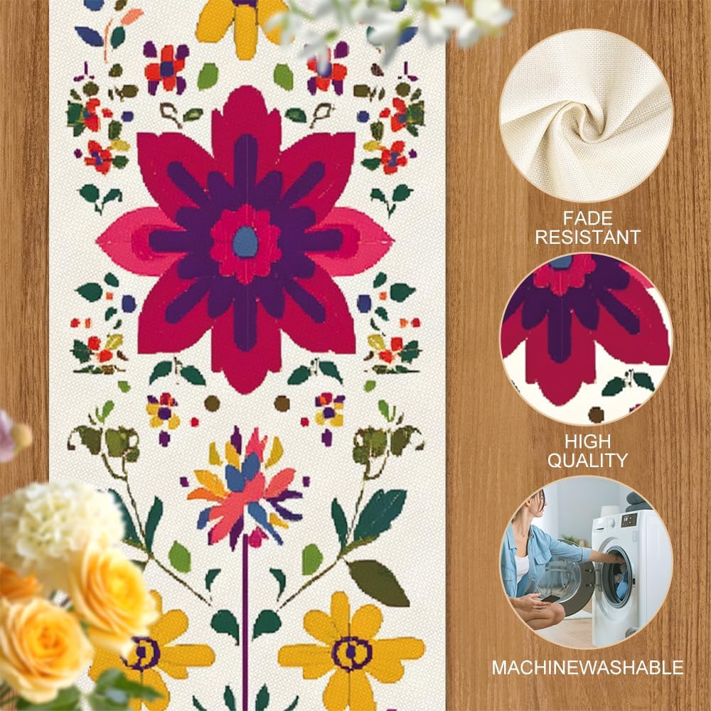 ANNA QUEEN Boho Floral Table Runner 13x72 Inch, Colorful Mexican Otomi-Style, Folk Art Table Decor for Dining Table, Fiesta Party, Kitchen, Wedding