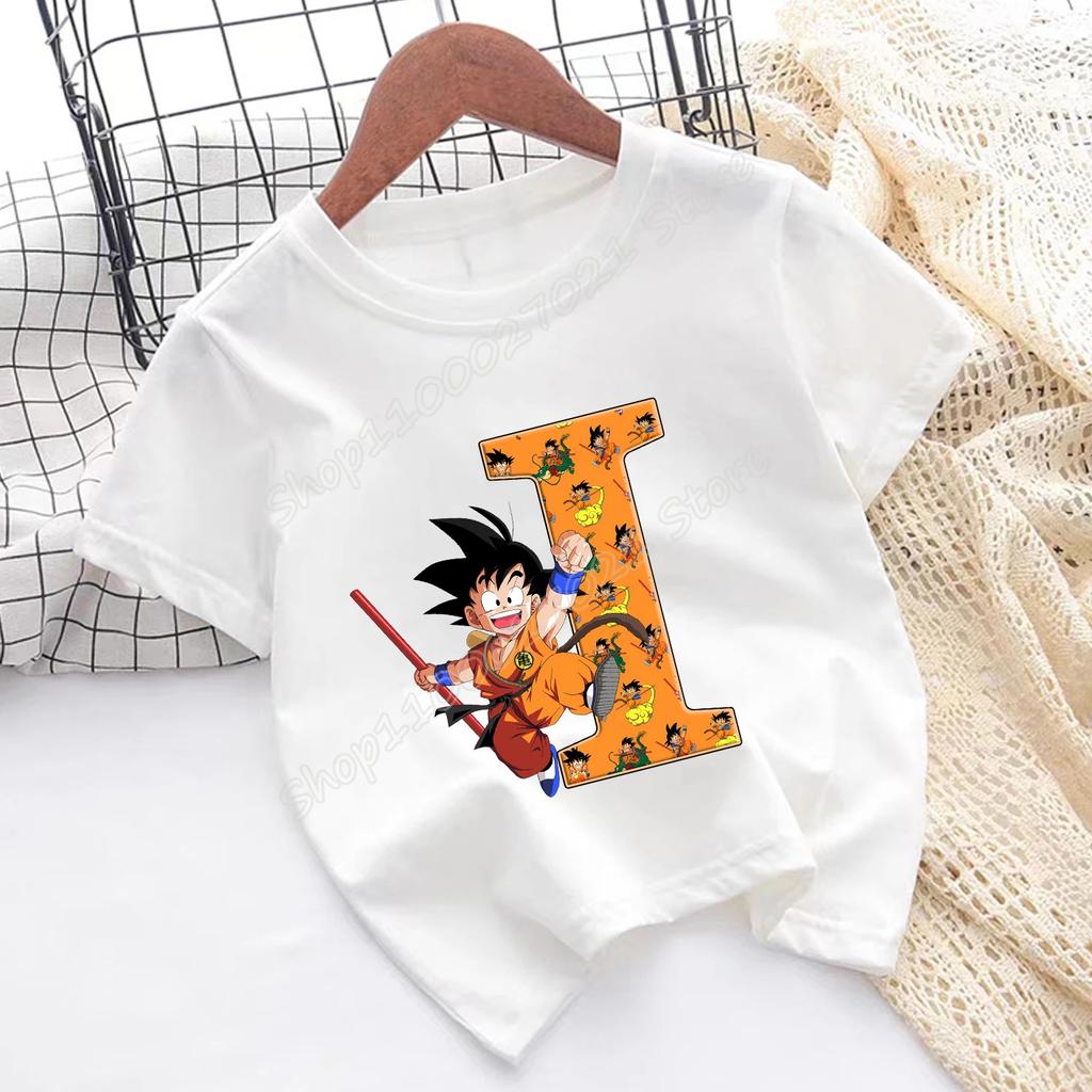 Dragon Ball Goku T-shirt Children A-Z Letter Tee Top Cartoon Summer Fashion White Short Sleeve Clothing Kids Casual Clothes Gift