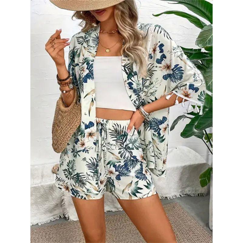 Printed Loose Fringe Beach Pants Set Print Loose-Fitting Tassel Beach Pants Suit