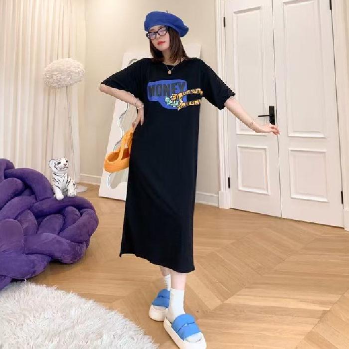 Korean Style Summer Slit Print T-Shirt Dress for Women - Loose, Slimming, Short Sleeve, Oversized Nightdress