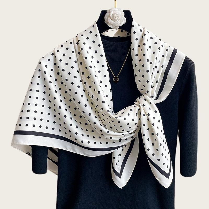 Temperament navy blue beige twill smooth silk scarf square scarf 91cm versatile square scarf shawl spring and autumn new scarf