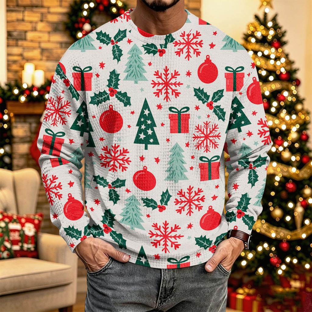 Men's Casual Knit Long Sleeve Neck Shirt with Christmas Print for Holiday Parties