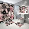 Valentine'S Day Pink Rose Bathroom Set: Bath Curtain, Toilet Lid Cover, U-Shape Rug, Bathroom Accessories