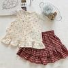 Girls Summer Off White Red Polka Dot Bow Sleeveless Top And Red White Plaid Tiered Skirt Two Piece Set