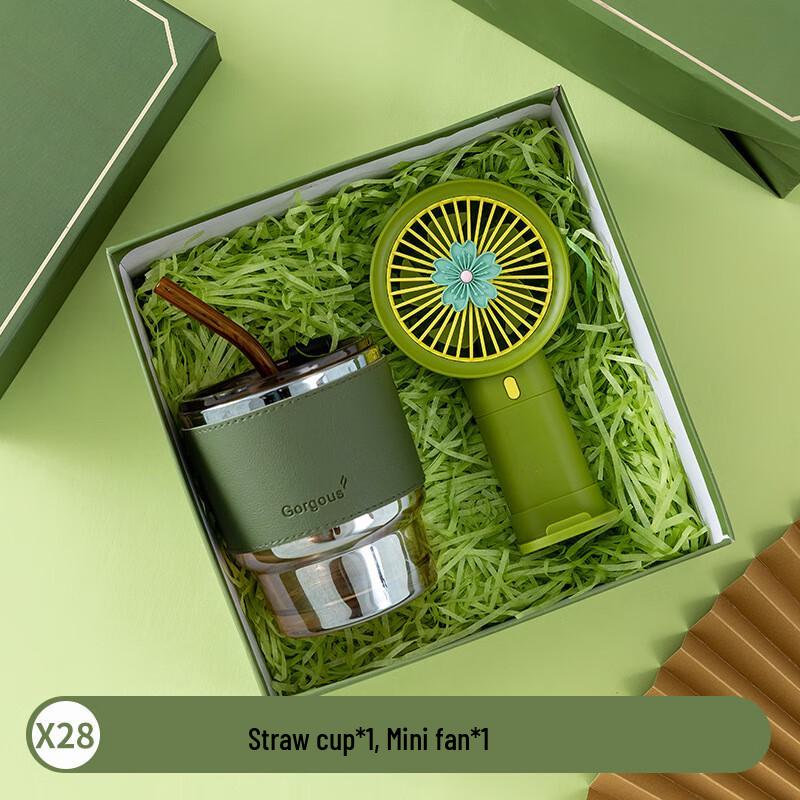 Glass Straw Cup & Mini Fan Gift Set