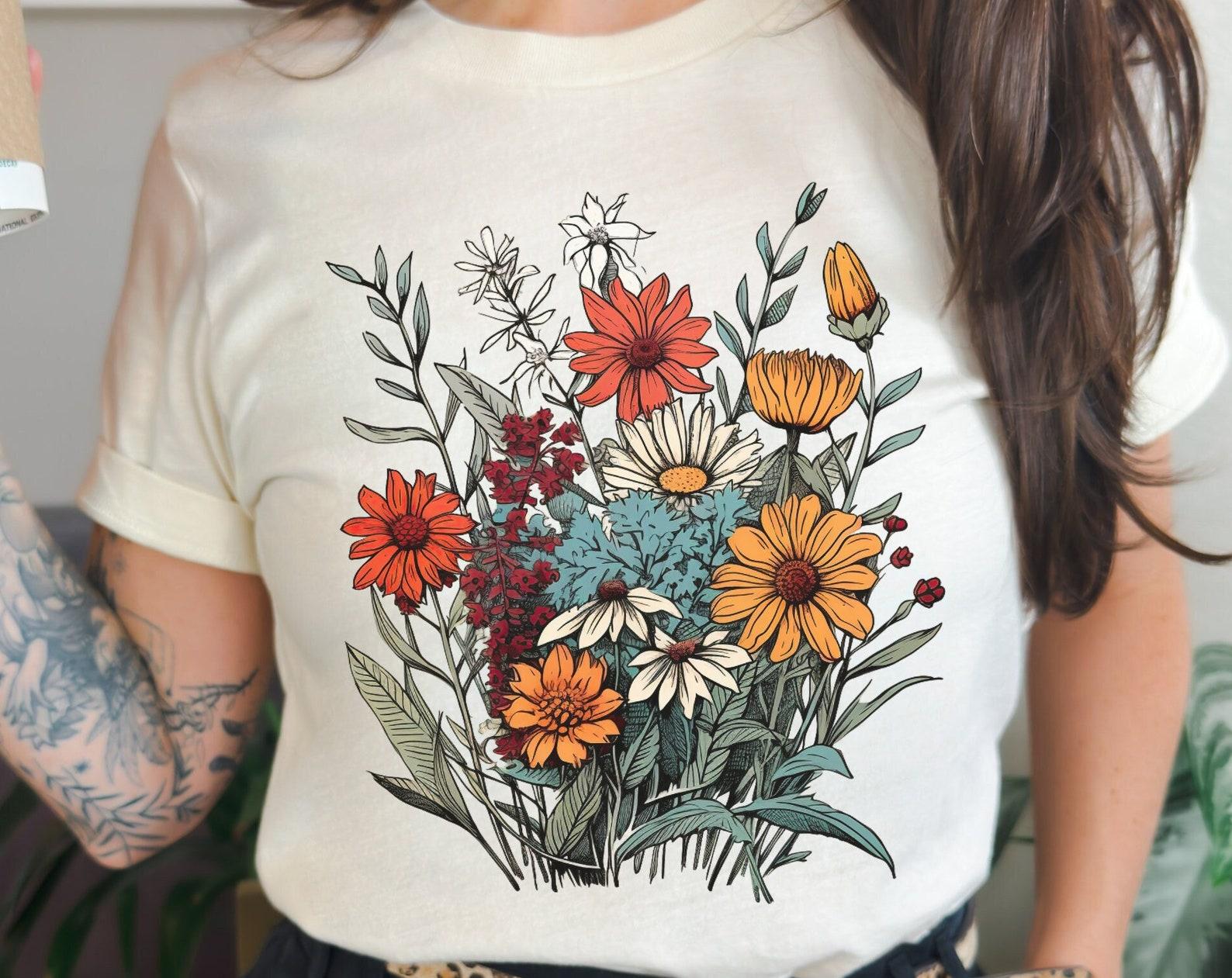 Wildflower T-shirt: Minimalist Floral Line Art Tee 2XL