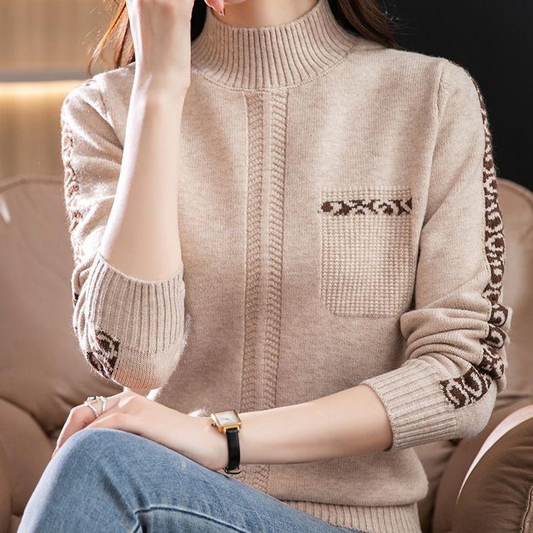 Half Turtleneck Warm Sweater for Women Short Solid-color Loose Knitted Sweater for Autumn and Winter Casual Long-sleeved Pullover