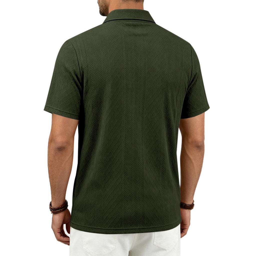 Men's Jacquard Casual Loose Fit Business Short Sleeve Polo Shirt with Collar Pocket and Zipper Detail Suitable for Daily Wear