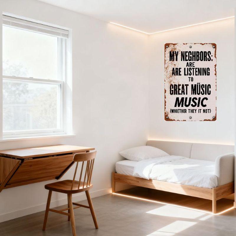 Vintage Style My Neighbors Are Listening to Great MÚSIC (WHIETHER) Metal Tin Sign, Distressed Rusty Border, Home Bar Cafe Decor
