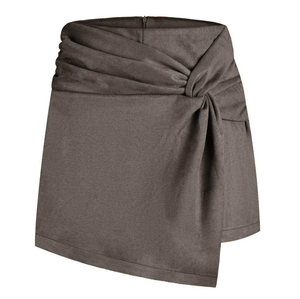 Suede Solid Color Buttocks Wrapped Skirt Pleated Irregular Zippered Short Skirt for Women's Clothing