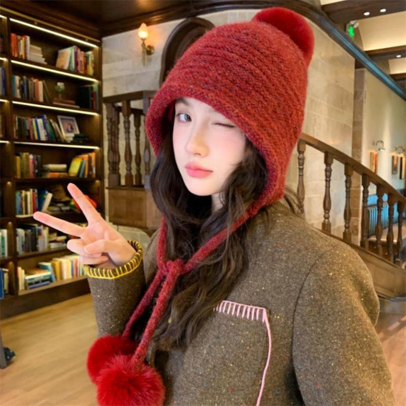 New Autumn and Winter Cute Hairball Ear Protection Knitted Hat, Cold Protection and Warmth, Big Head Circumference and Small Wool Hat