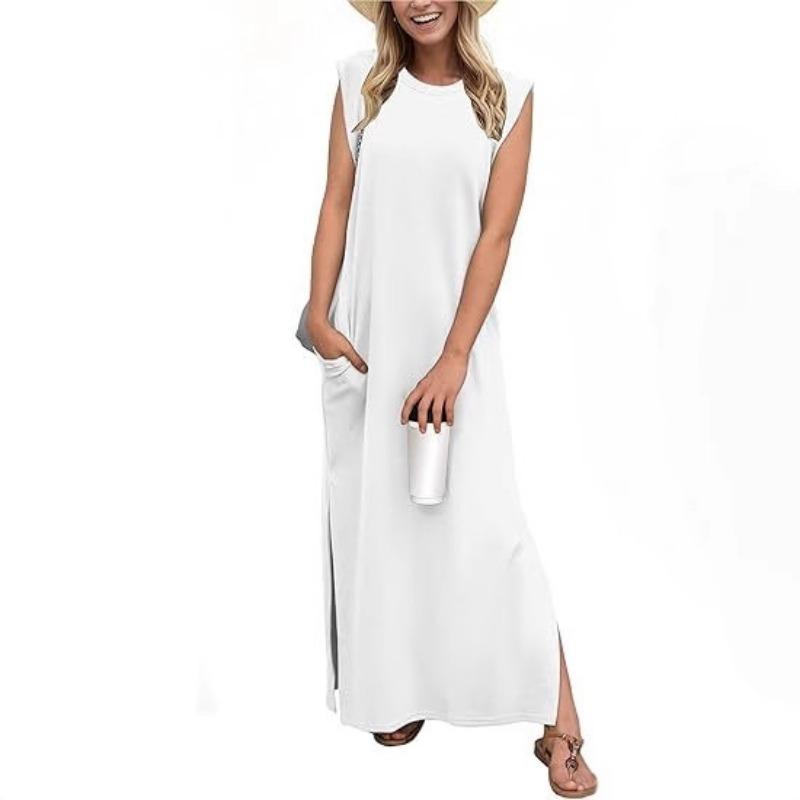 Women's Round-neck Loose Slit Sleeveless Long Pocket Dress