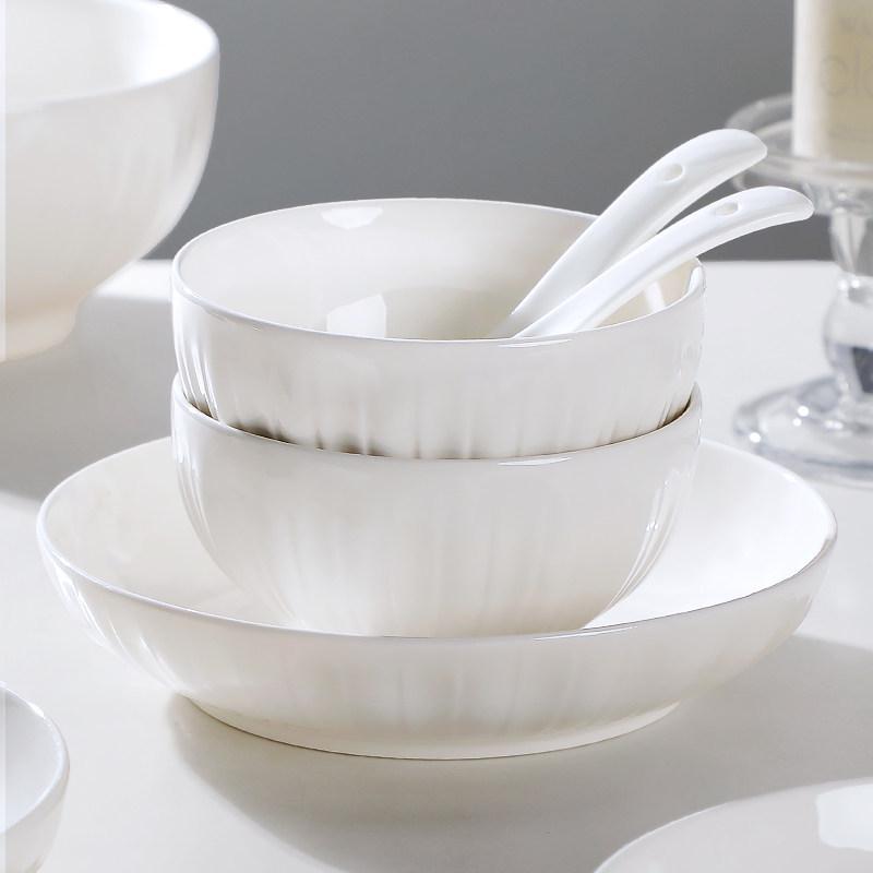 Pure White Ceramic Tableware Set: Dinner Bowls, Rice Bowls, Plates, Dishes, and Double-Ear Soup Bowls for Home Use.