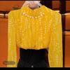 Yellow Beaded Stand-Up Collar Shirt - 2025 Autumn Women's Fashion, Age-Reducing Loose Fit, Versatile Style