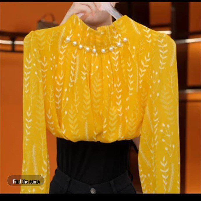 

Yellow Beaded Stand-Up Collar Shirt - 2025 Autumn Women s Fashion, Age-Reducing Loose Fit, Versatile Style 2XL for 130-145 jin цветочный