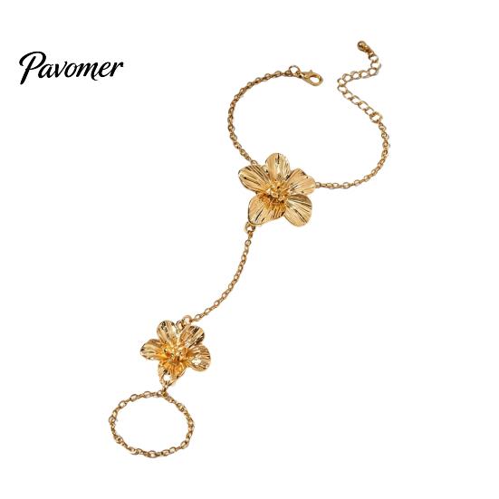 Layered Flower Hand Accessory Gold Chain Link Bracelet with Finger Ring for Integrated Women, Hibiscus Flowers O Bracelet, Floral Fairy Jewelry