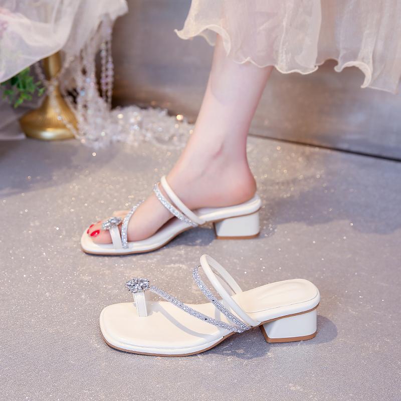 

Fashion CRLAYDK Women s Square Open Toe Low Heeled Slide Sandals Rhinestone Strap Flip Flops Slip On Mules Comfort Dressy Slippers 35