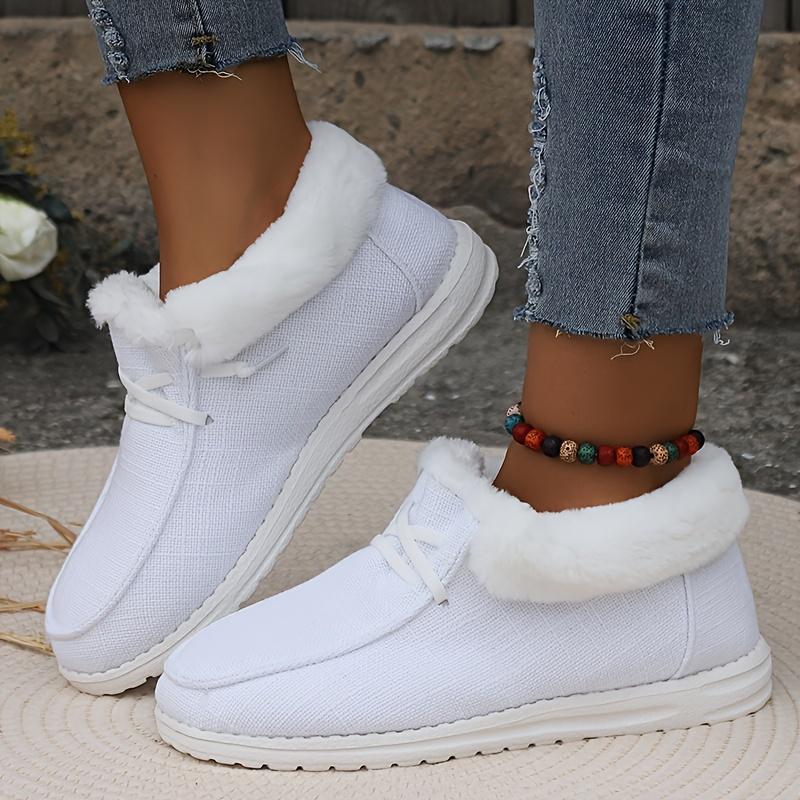 Women's Plush Lined Canvas Shoes, Winter Thermal Low Top Slip On Snow Shoes, Comfy Outdoor Sneakers