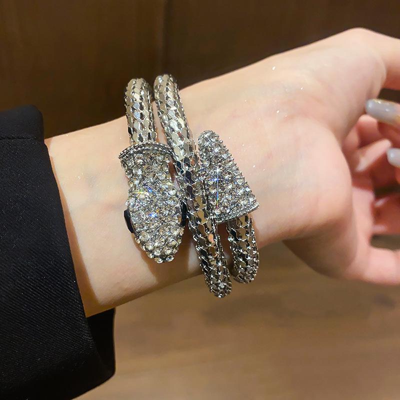 European American Luxury Snake-Inspired Diamond Open Bangle Bracelet for Women