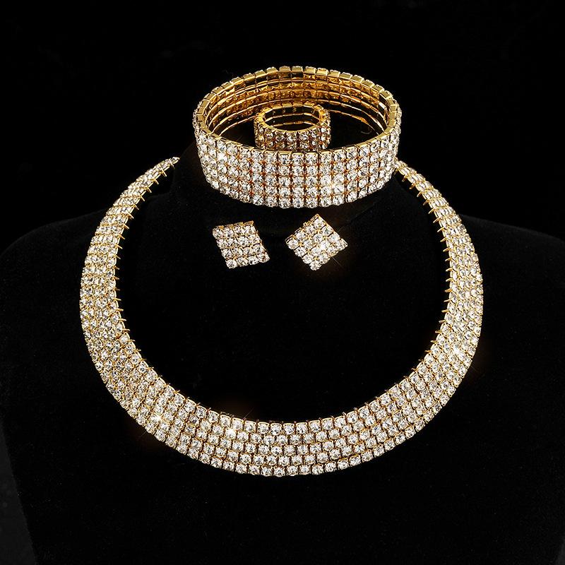 New Fashion Necklace Earrings Ring Bracelet Four-piece Set, Full Diamond Three-Row Collar Bridal Suit Women