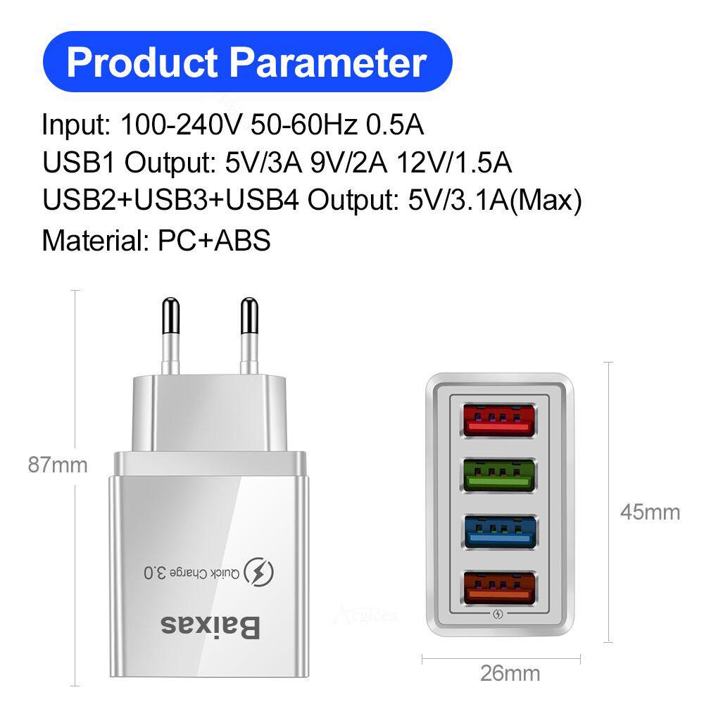 4-Port USB Mobile & Tablet Charger - US/EU Standard, 3A Travel Charger