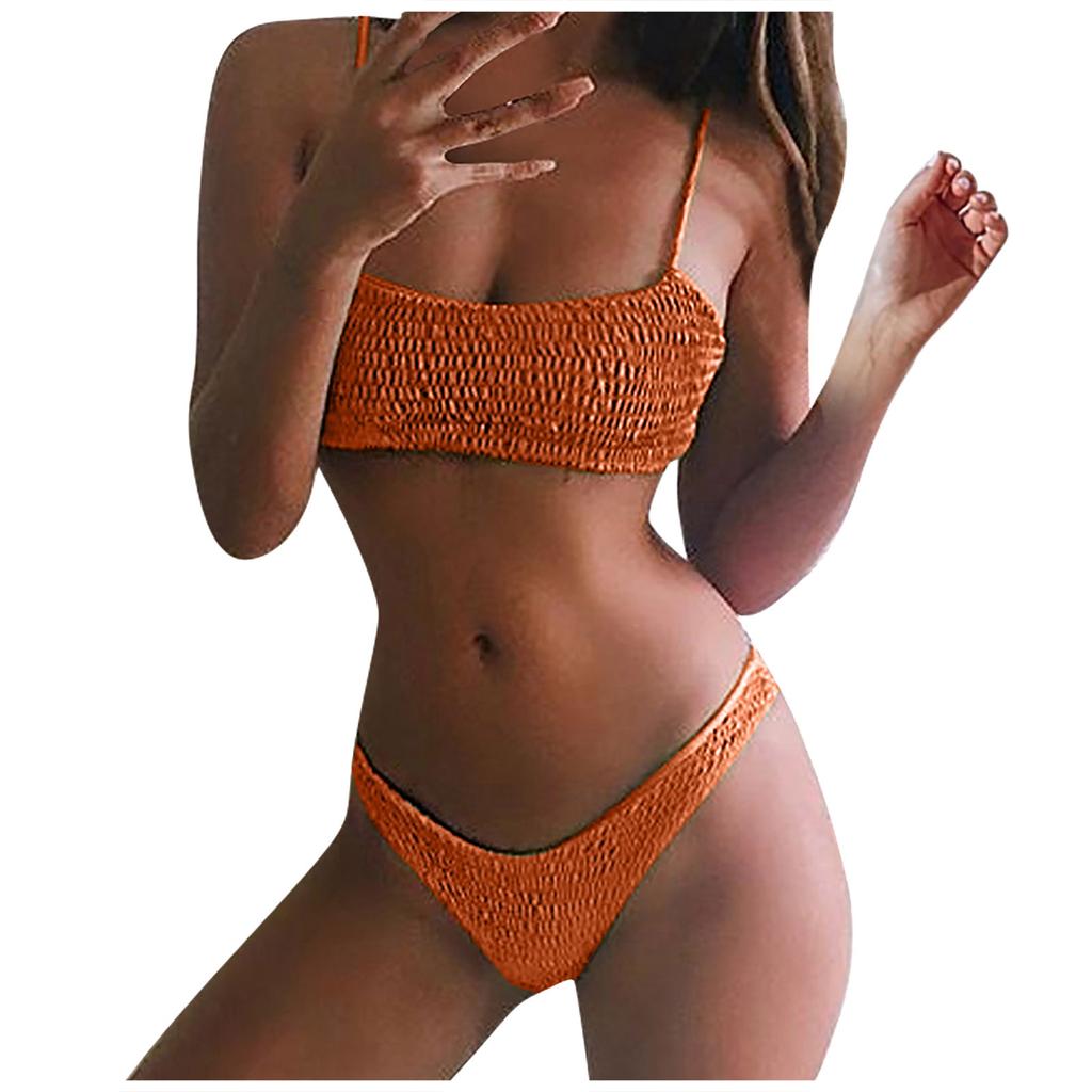 Women Casual Fashion Solid Color Two Piece Swimsuit Bikini Set Stretch Fabric Adjustable Straps Summer Beachwear Swimwear