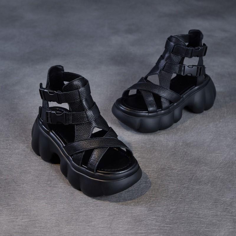 Johnature Natūralios odos sandalai storais padais, aukštinantys, storakulniai, romaniško stiliaus platforminiai moteriški batai