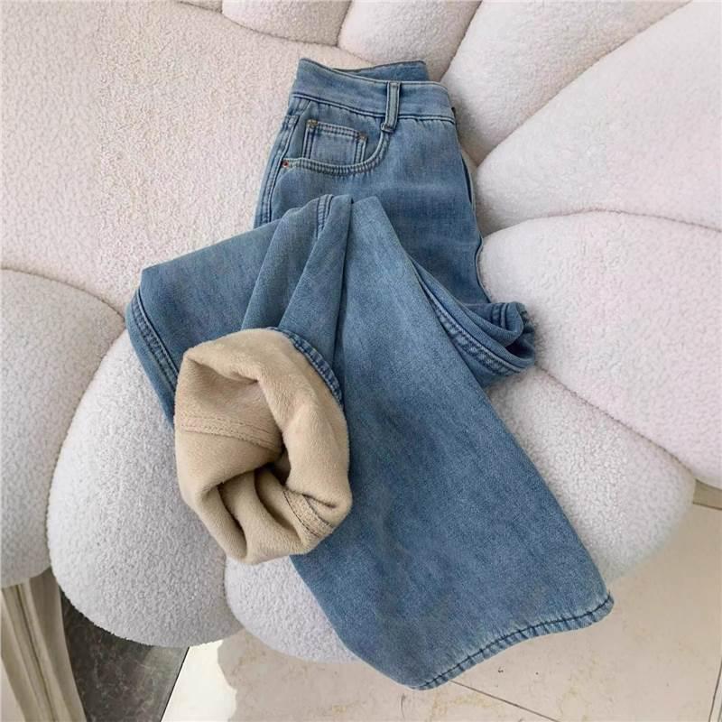 Korean Velvet-Lined High-Waist Slimming Jeans for Women - Autumn/Winter Bestseller