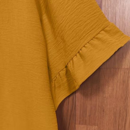 Women Tops Round Neck Short Sleeve Loose Fit Pullover Tops Pure Color Ruffle Hem