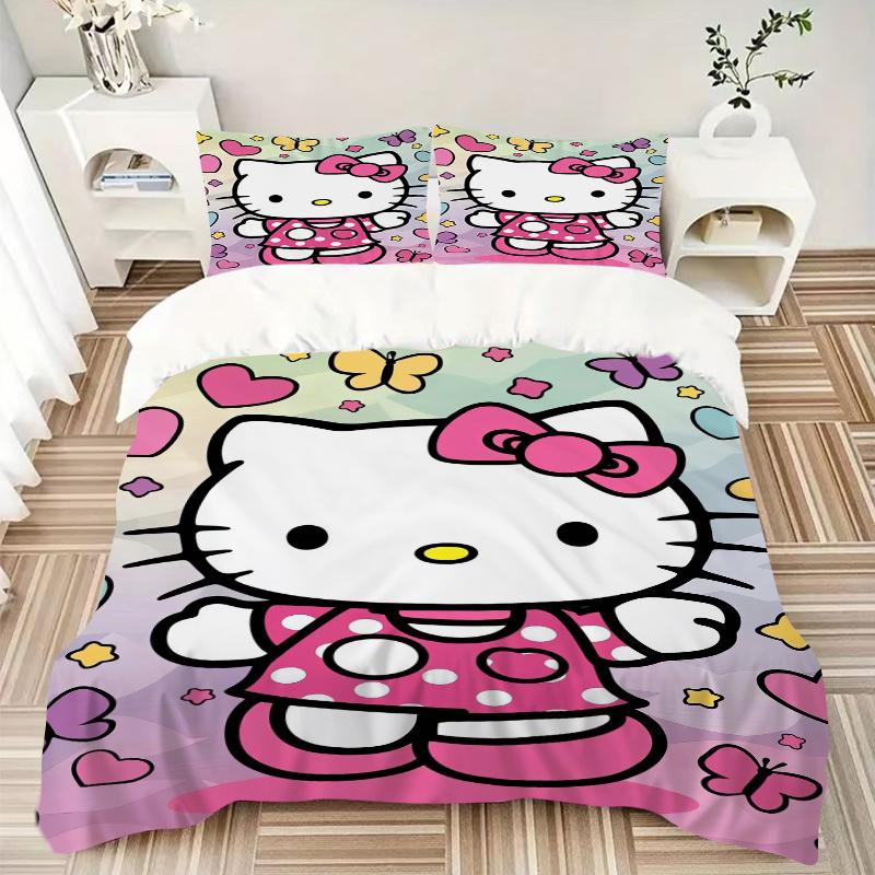 3pcs Hello Kitty & Butterfly Bedding Set, Including 1 Quilt Cover and 2 Pillow Shams, Without Filling, Soft and Comfortable Home Bedroom W033