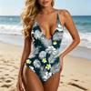 Swimsuit for Women Deep V Neck Adjustable Straps Backless with Tropical Floral Pineapple Print Beachwear