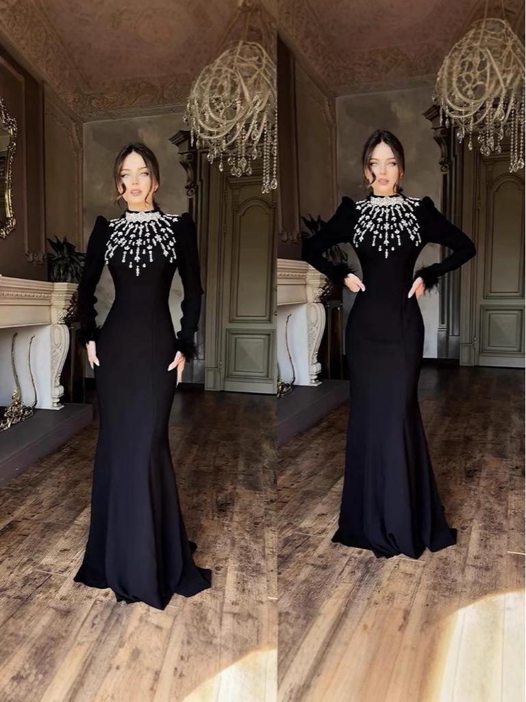 2025 Black High Neck Hot Drill Feather Bodycon Bandage Dress with Long Sleeves.