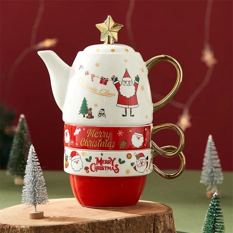 Christmas Teaware Sets Ceramic Teapot Teacups Set Gold Plated Handle Santa Elk Christmas Tree Afternoon Tea Cup Xmas Gifts Decor