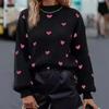 Women's European & American Autumn/Winter Heart Knit Pullover - Long Sleeve, Round Neck, Casual Style