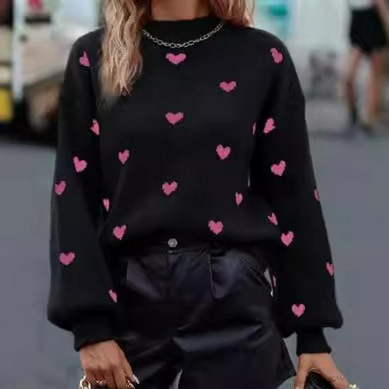 Women's European & American Autumn/Winter Heart Knit Pullover - Long Sleeve, Round Neck, Casual Style