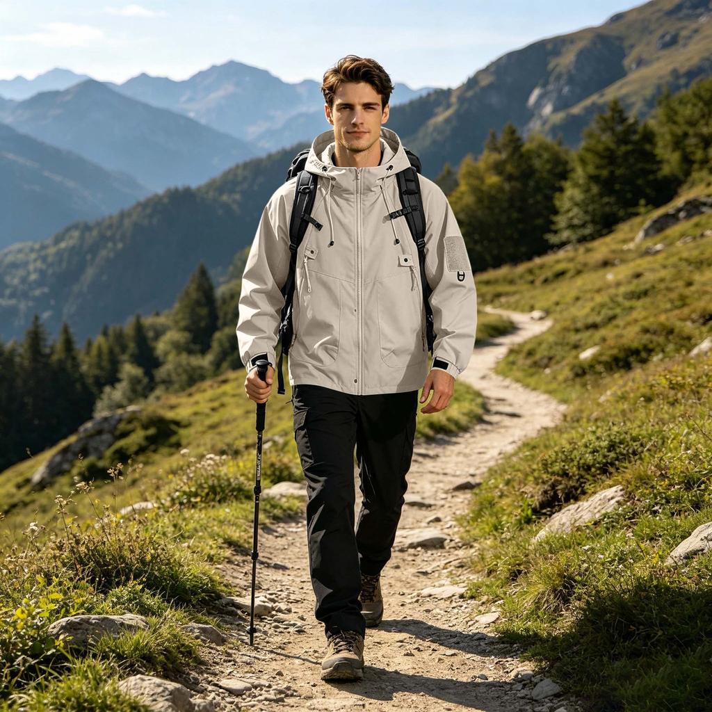 Men's Outdoor Hooded Jacket Thickened Loose Fit Windproof Waterproof Breathable Lightweight Shell for Hiking Camping