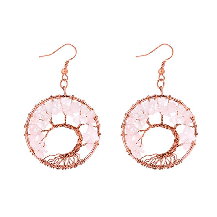 Supply Hand-Wound Curved Natural Crystal Gravel Colorful Tree Of Life Wishing Tree Earrings E10 розовый кварц