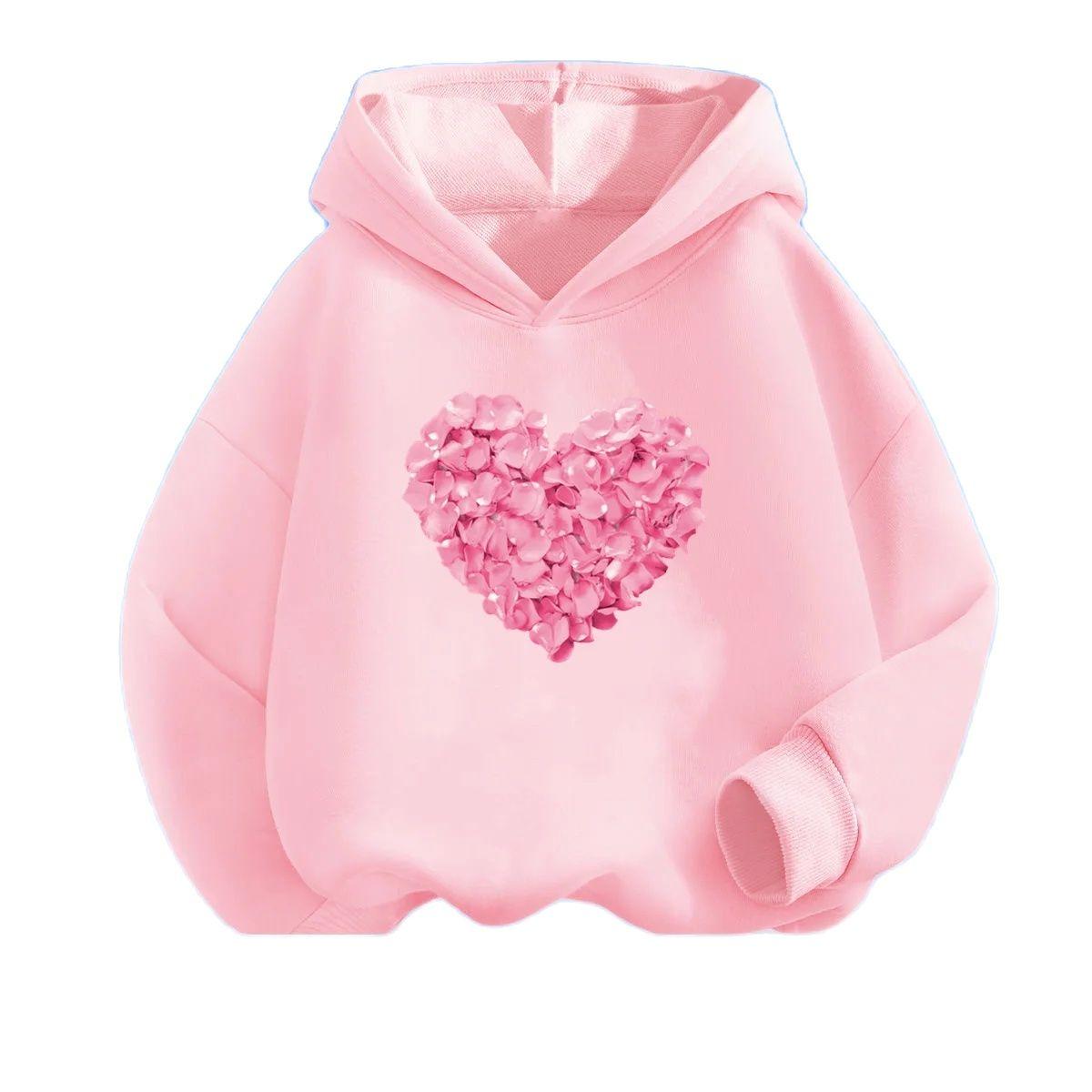 

Розовые толстовки с принтом цветов в форме сердца для девочек, пуловер с длинным рукавом, свободная толстовка, весна-осень, хлопок, базовая кофта, модная одежда 100