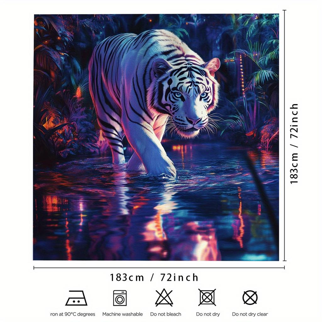 1Pc Dark Night Killer Tiger Digital Printed Shower Curtain, Polyester With Hooks, Bathroom Accessories, Suitable For All Seasons