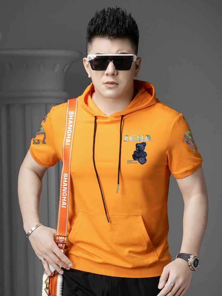 European Station 2025 Summer New Bear Print Hooded Short-Sleeve Sweatshirt Men's Half-Sleeve T-Shirt Trendy Brand Top for Men