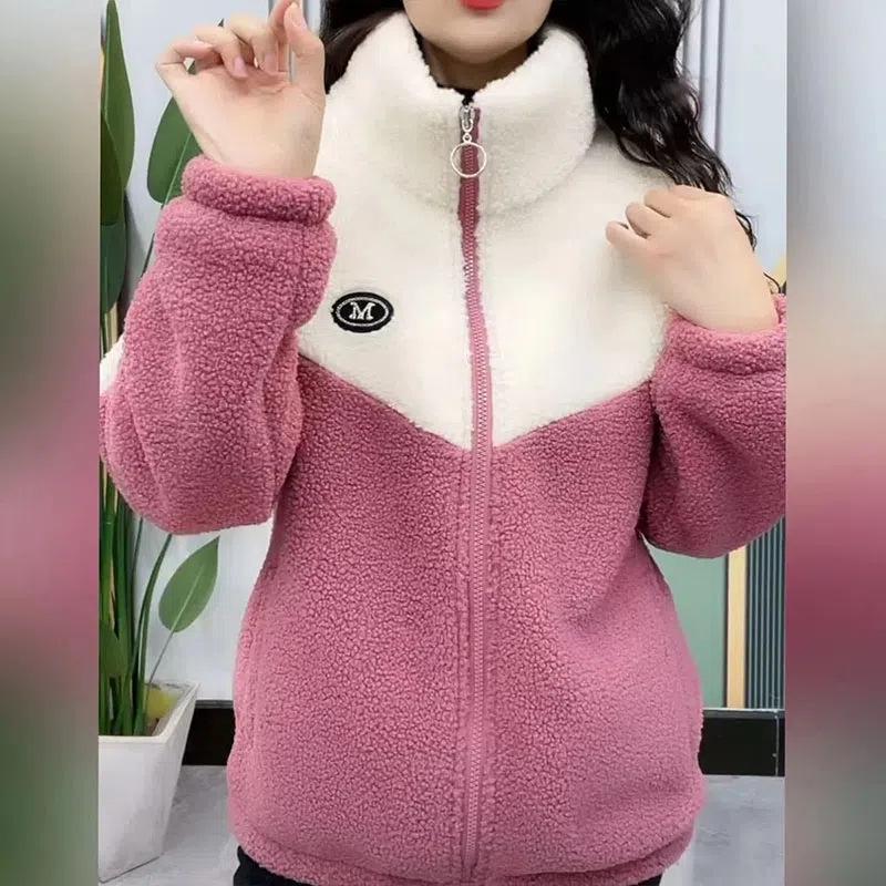 Korean-Style Plus Size Patchwork Cotton Coat - Autumn/Winter 2023 Lamb Fleece Casual Jacket for Women