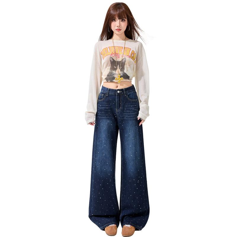 Spring new hot diamond blue-gray wide-leg jeans women's high-waisted straight drape floor pants blue-gray trousers
